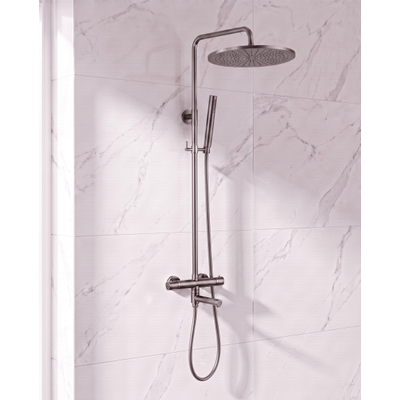 Fortifura Calvi Regendoucheset - thermostatisch - 30cm hoofddouche - gladde slang - staaf handdouche - draaibare baduitloop - Geborsteld Gunmetal PVD