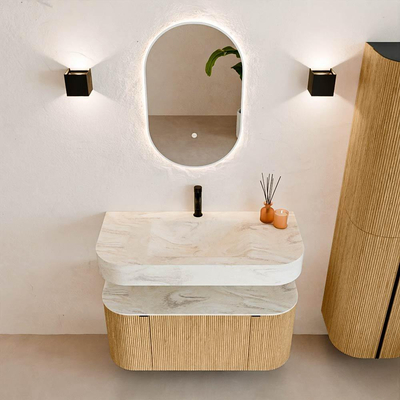 MONDIAZ THOR-DLUX 100cm badmeubel ronding links + rechts kleur Oak met 1 lade en 2 deuren. Vrijhangende wastafel CLOUD Midden 1 kraangat kleur Ostra.