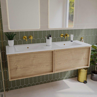 Saniclass Holz Frame Meuble de salle de bain - 140x45x40cm - lavabo en céramique blanc - 2 vasques - sans trous de robinet - 2 tiroirs - Chêne Natural
