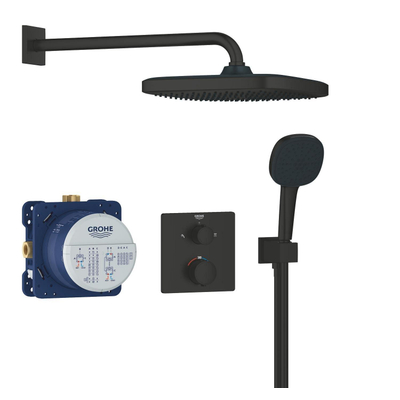 Grohe Precision Ensemble de douche complet - douchette de 11 cm - 2 types de jets - tête de douche 25 cm - mitigeur de douche encastré thermostatique - carré - avec inverseur - noir mat.