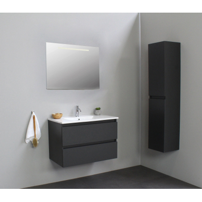 Basic Bella Meuble salle de bains avec lavabo céramique Blanc 80x55x46cm 1 trou de robinet avec miroir et éclairage Anthracite mat