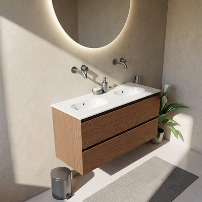 Saniclass Holz Pure Ensemble de meubles de salle de bains - 120x45x74cm - lavabo Chaci en céramique blanc - 2 vasques - sans trous de robinetterie - 4 tiroirs - walnut pure mat (bois)