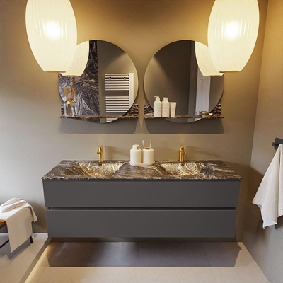 Mondiaz VICA-DLUX ensemble de meuble de salle de bain - 150cm - meuble sous-vasque gris foncé - 2 tiroirs - lavabo encastré nuage double - 2 trous de robinet - version haute de 60cm - lave