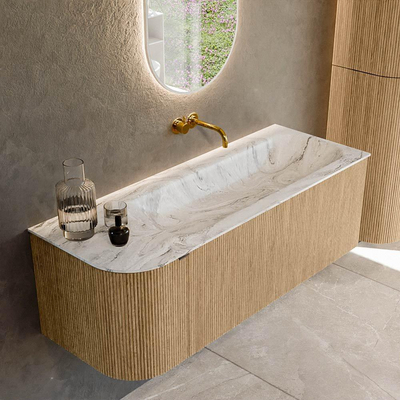 MONDIAZ KURVE-DLUX meuble de salle de bains 125cm avec module 25 L couleur chêne avec 1 tiroir et 1 porte. Lavabo BIG MEDIUM droit sans trou de robinetterie couleur Glace.
