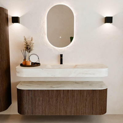 MONDIAZ THOR-DLUX 140cm badmeubel ronding links + rechts kleur Walnut met 1 lade en 2 deuren. Vrijhangende wastafel CLOUD Midden 1 kraangat kleur Ostra.