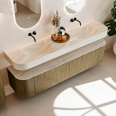 MONDIAZ THOR-DLUX Meuble de salle de bains 190cm arrondi gauche + droite couleur Dusk avec 2 tiroirs et 2 portes. Vasque suspendue CLOUD Double sans trou de robinet couleur Meli.