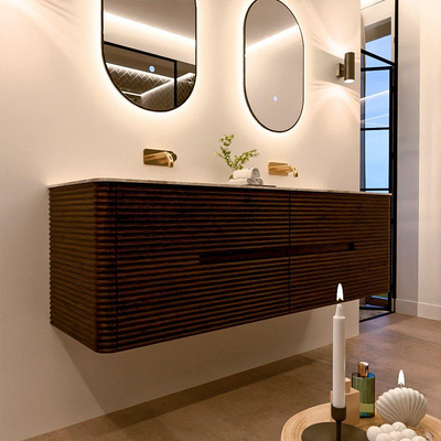 Mondiaz CIRO-DLUX Ensemble de meubles de salle de bains - 160x45x50cm - Plan vasque solid surface Frappe - 2 vasques double - sans trous de robinet - 4 tiroirs - Noyer
