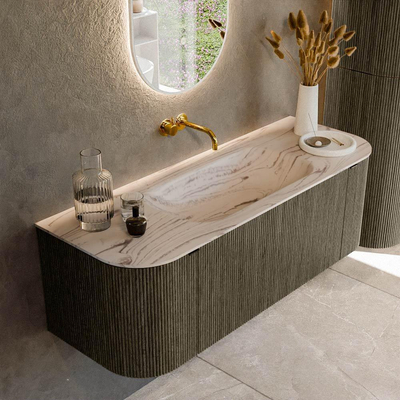 MONDIAZ KURVE-DLUX Meuble de salle de bains 130cm arrondi Gauche + Droite couleur Shadow avec 1 tiroir et 2 portes. Lavabo BIG SMALL Central sans trou de robinet Nata.