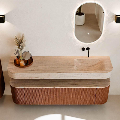 MONDIAZ THOR-DLUX 170cm meuble de salle de bains arrondi gauche + droite couleur Ruby avec 1 tiroir et 2 portes. Vasque suspendue CLOUD droite sans trou de robinet couleur Saba.