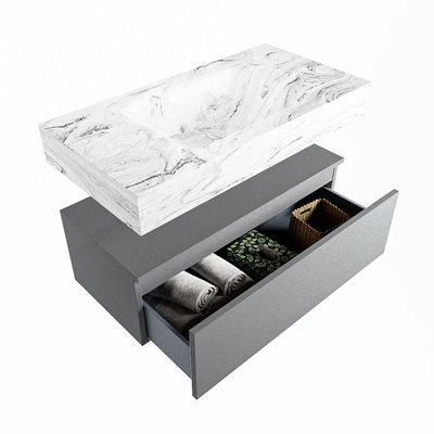 Mondiaz ALAN-DLUX Ensemble de meuble - 90cm - meuble Plata mat - 1 tiroir - Lavabo Cloud Glace suspendu - vasque Centre - 0 trous de robinet