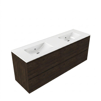 Saniclass Holz Pure Ensemble de meubles de salle de bains - 160x45x62cm - lavabo Vygo en céramique blanc - 2 vasques - sans trous de robinetterie - 4 tiroirs - chêne charcoal mat (bois)