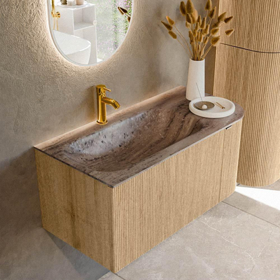MONDIAZ KURVE-DLUX Meuble de salle de bains 95cm arrondi à droite couleur Chêne avec 1 tiroir et 1 porte. Lavabo BIG SMALL à gauche 1 trou de robinet Oza.