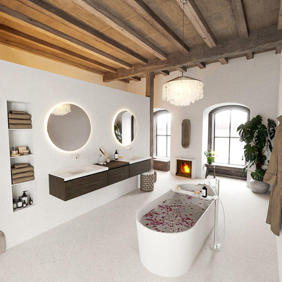 MONDIAZ BUKLA 220cm badmeubel met module 60 kleur Dark Brown met 3 lades. Wastafel CLOUD dubbel 0 kraangaten kleur Talc.