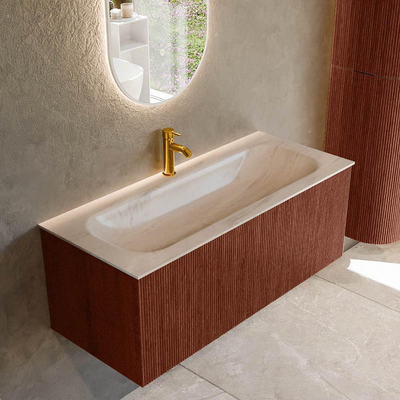 MONDIAZ KURVE-DLUX Meuble de salle de bains 110cm couleur Ruby avec 1 tiroir et 0 portes. Vasque BIG MEDIUM Centre 1 trou de robinet Meli.