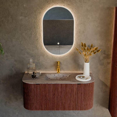 MONDIAZ KURVE-DLUX Meuble de salle de bains 100cm arrondi Gauche + Droite couleur Ruby avec 1 tiroir et 2 portes. Lavabo GRUNNE Central 1 trou de robinet Oza.