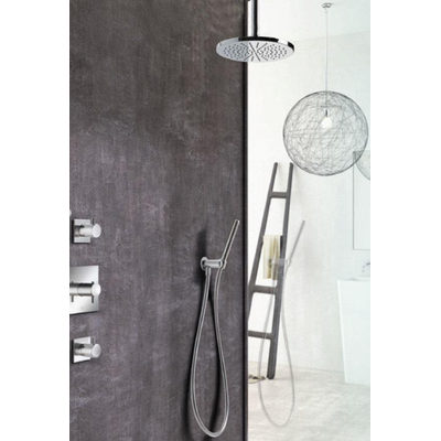Hotbath Get Together complete thermostatische douche inbouwset Laddy V met 2 stopkranen geborsteld nikkel staafmodel handdouche met plafondbuis 15cm diameter douchekop 20cm