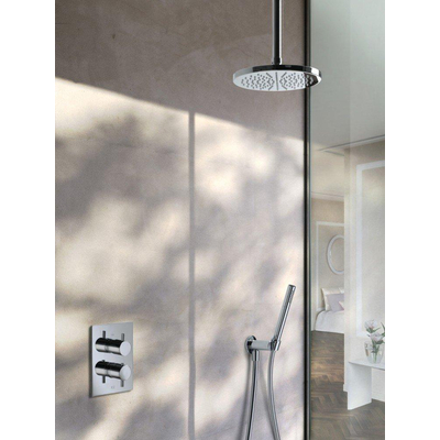 Hotbath Get Together complete thermostatische douche inbouwset Laddy R met 2 weg stop omstel IBS2RA geborsteld nikkel staafmodel handdouche met plafondbuis 30cm diameter douchekop 20cm