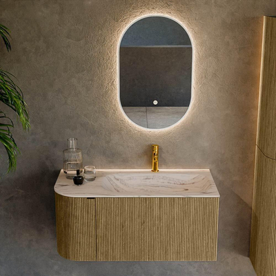 MONDIAZ KURVE-DLUX Meuble de salle de bains 95cm arrondi à gauche couleur Dusk avec 1 tiroir et 1 porte. Lavabo BIG SMALL à droite 1 trou de robinet Nata.