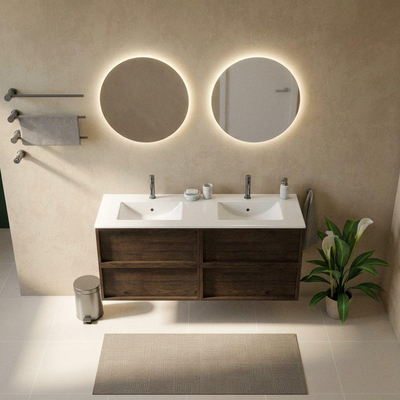 Saniclass Holz Frame Ensemble de meubles de salle de bains - 140x45x62cm - Lavabo Vygo en céramique blanc - 2 vasques - 2 trous de robinetterie - 4 tiroirs - chêne charcoal brillant (bois)