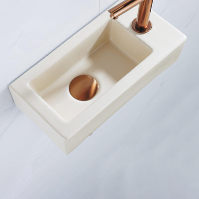 QeramiQ Lave-mains Kit lave-mains - 37.5x18.5x9cm - céramique - trou de robinet à droite - robinet lave-mains en cuivre brossé - bonde de vidage - siphon abaissé - Mat Beige