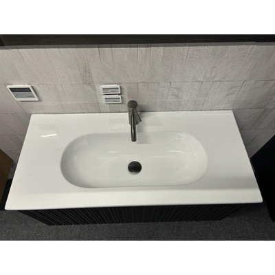 Saniclass Holz Base Badkamermeubelset - 100cm 1 keramische ovalen wasbak wit 1 kraangat 1 lade donker eiken SHOWROOMMODEL