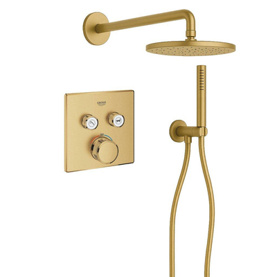 Grohe - Adema Rise Regendoucheset - vierkant - wandaansluitbocht met handdouchehouder - gladde doucheslang - staafhanddouche - wandarm - 25cm hoofddouche - Grohe SmartControl inbouwthermostaat - brushed cool sunrise