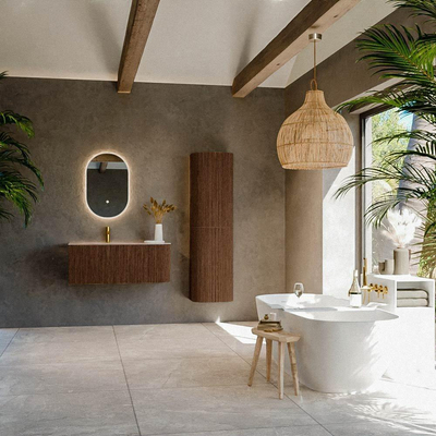 MONDIAZ KURVE-DLUX meuble de salle de bain 105cm courbe à droite couleur noyer avec 1 tiroir et 1 porte. Lavabo BIG SMALL à gauche 1 trou de robinet Saba.