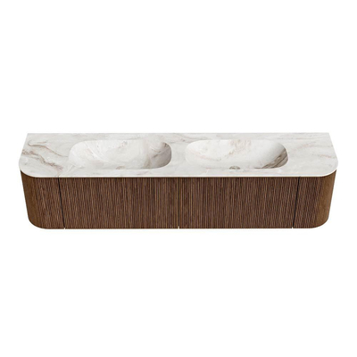 MONDIAZ KURVE-DLUX 190cm Meuble salle de bain avec module 25 G et D - couleur Walnut - 2 tiroirs - 2 portes - vasque STOR SMALL double - sans trou de robinet - couleur Frappe