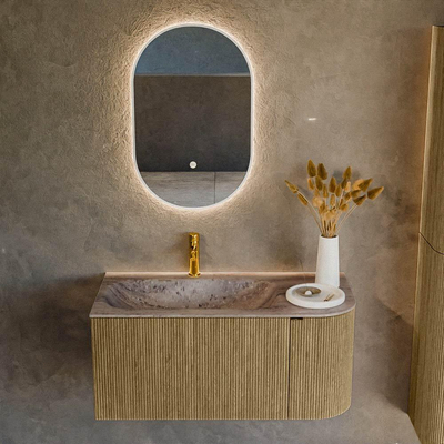 MONDIAZ KURVE-DLUX Meuble de salle de bains 95cm arrondi Droite couleur Dusk avec 1 tiroir et 1 porte. Lavabo BIG SMALL Gauche 1 trou de robinet Oza.
