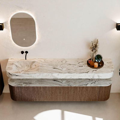 MONDIAZ THOR-DLUX 200cm meuble de salle de bains arrondi gauche + droite couleur Walnut avec 2 tiroirs et 2 portes. Vasque suspendue CLOUD Gauche sans trou de robinet couleur Glace.