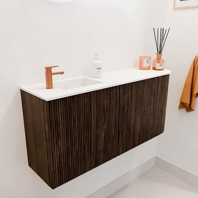 Mondiaz JOYA 91.6cm toiletmeubel - ronding rechts kleur Walnut - Wastafel FAYE positie Links 1 kraangat kleur Talc.