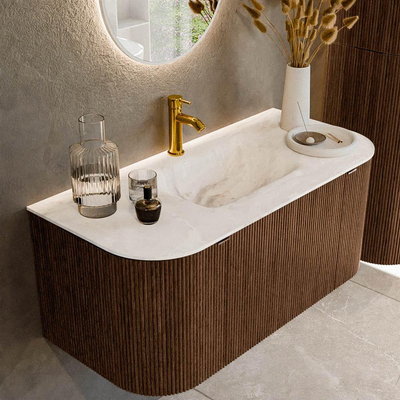 MONDIAZ KURVE-DLUX 100cm badmeubel met module 25 Len R kleur Walnut met 1 lade en 2 deuren. Wastafel GRUNNE midden 1 kraangat kleur Frappe.