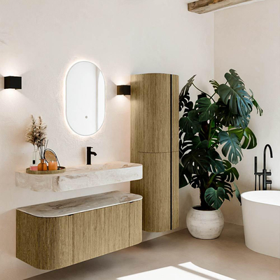 MONDIAZ THOR-DLUX 110cm meuble de salle de bains arrondi gauche + droite couleur Dusk avec 1 tiroir et 2 portes. Vasque suspendue CLOUD Droite 1 trou de robinet couleur Frappe.