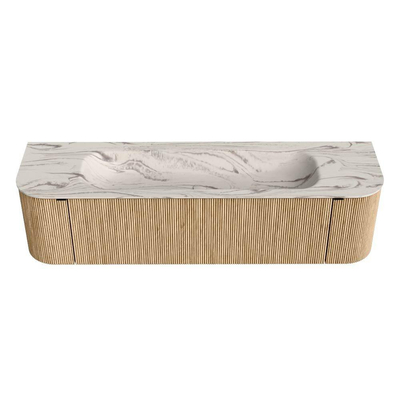 MONDIAZ KURVE-DLUX 170cm badmeubel ronding Links + Rechts kleur Oak met 1 lade en 2 deuren. Wastafel BIG LARGE Midden zonder kraangat Nata.