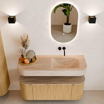 MONDIAZ THOR-DLUX 120cm badmeubel ronding links + rechts kleur Oak met 1 lade en 2 deuren. Vrijhangende wastafel CLOUD Rechts zonder kraangat kleur Saba.
