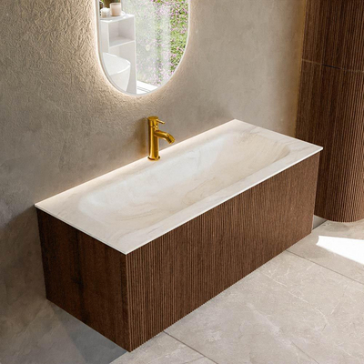 MONDIAZ KURVE-DLUX 110cm badmeubel kleur Walnut met 1 lade. Wastafel BIG MEDIUM midden 1 kraangat kleur Ostra.