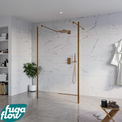 FugaFlow Eccelente Vetro Vrijstaande inloopdouche badkamer - 120x200cm - Helder - antikalk - 8mm veiligheidsglas - 2 zijwanden 40cm - met wandarmen en hoekprofielen - Koper geborsteld -
