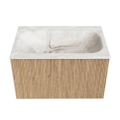 MONDIAZ KURVE-DLUX meuble de salle de bains 70cm couleur Oak avec 1 tiroir. Lavabo BIG SMALL central 1 trou de robinet couleur Frappe.