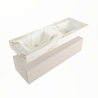 Mondiaz ALAN-DLUX Ensemble de meuble - 130cm - meuble Linen mat - 1 tiroir - Lavabo Cloud Frappe suspendu - vasque Gauche et droite - 2 trous de robinet