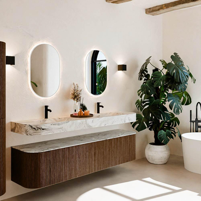 MONDIAZ THOR-DLUX 190cm meuble de salle de bains arrondi gauche + droite couleur Walnut avec 2 tiroirs et 2 portes. Vasque suspendue CLOUD Double 2 trous de robinet couleur Glace.