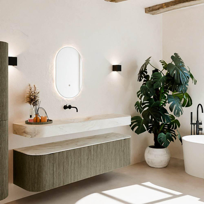 MONDIAZ THOR-DLUX 170cm meuble de salle de bains arrondi gauche + droite couleur Shadow avec 1 tiroir et 2 portes. Vasque suspendue CLOUD Milieu sans trou de robinet couleur Ostra.