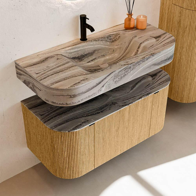 MONDIAZ THOR-DLUX 100cm badmeubel ronding links + rechts kleur Oak met 1 lade en 2 deuren. Vrijhangende wastafel CLOUD Midden 1 kraangat kleur Sombra.