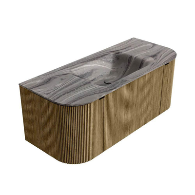 MONDIAZ KURVE-DLUX Meuble de salle de bains 110cm arrondi Gauche + Droite couleur Dusk avec 1 tiroir et 2 portes. Lavabo CLOUD Central 1 trou de robinet Sombra.