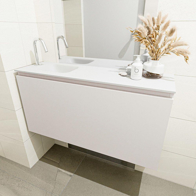 Mondiaz OLAN Meuble lave-mains 100x30x40cm 1 trou de robinet 1 tiroir Linen mat avec lavabo LEX Gauche Solid Surface Blanc