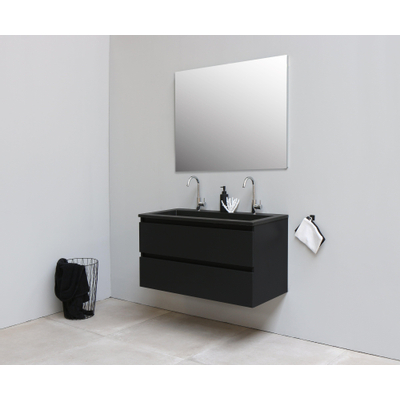 Basic Bella Meuble salle de bains avec lavabo acrylique Noir avec miroir 100x55x46cm 2 trous de robinet Noir mat