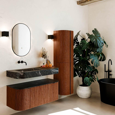 MONDIAZ THOR-DLUX 110cm meuble de salle de bains arrondi gauche + droite couleur Ruby avec 1 tiroir et 2 portes. Vasque suspendue CLOUD gauche sans trou de robinet couleur Lava.