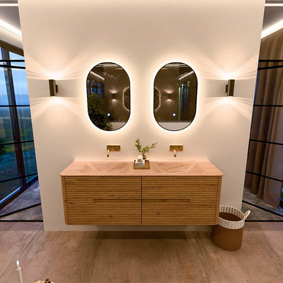 Mondiaz CIRO-DLUX Ensemble de meubles de salle de bains - 150x45x50cm - vasque en solid surface Saba - 2 vasques double - sans trous de robinet - 4 tiroirs - Chêne