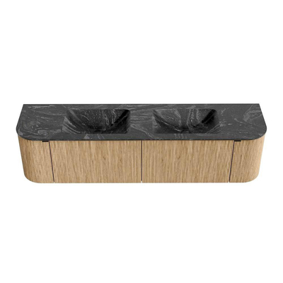 MONDIAZ KURVE-DLUX Meuble de salle de bains 180cm avec module 25 Len R couleur Chêne avec 2 tiroirs et 2 portes. Lavabo LEAF double 2 trous de robinet couleur Lava.