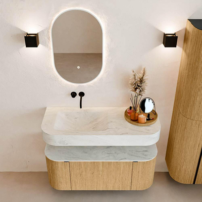 MONDIAZ THOR-DLUX 110cm badmeubel ronding links + rechts kleur Oak met 1 lade en 2 deuren. Vrijhangende wastafel CLOUD Links zonder kraangat kleur Opalo.