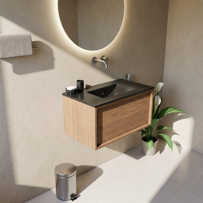 Saniclass Holz Frame Ensemble meuble de salle de bains - 80x45x42cm - lavabo Vygo en céramique noir - 1 vasque - sans trou de robinetterie - 1 tiroir - chêne natural mat (bois)